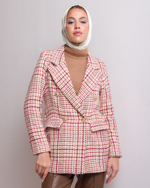 Beige checked tweed double breasted blazer